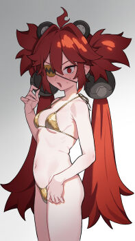 1girl @_@ absurdres ahoge bare_arms bare_shoulders bikini breasts cowboy_shot double-parted_bangs eyepatch from_side gold_bikini hair_between_eyes hair_intakes hair_ornament hellk111 highres holding_own_hair koleda_belobog light_blush loli long_hair looking_at_viewer low_twintails micro_bikini navel one_eye_covered open_mouth red_eyes red_hair shade small_breasts solo sphere_hair_ornament standing stomach sweat swimsuit twintails v-shaped_eyebrows very_long_hair white_background zenless_zone_zero