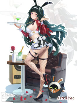 1girl alternate_costume animal_ears astra_yao black_shoes black_skirt breasts commentary couch cup drinking_glass fake_animal_ears fake_tail fins full_body green_hair hairband head_fins high_heels highres large_breasts looking_at_viewer maid one_eye_closed playboy_bunny rabbit_ears revision shoes sideboob simple_background skirt solo standing standing_on_one_leg tail torjun_111 tray unconventional_maid white_background white_hairband zenless_zone_zero zoom_layer