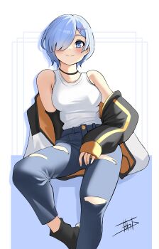 1girl absurdres alternate_costume bare_shoulders black_choker black_jacket blue_eyes blue_hair blue_pants blush boots breasts choker closed_mouth collarbone contemporary denim feet_out_of_frame foot_out_of_frame hair_ornament hair_over_one_eye highres jacket jeans long_sleeves looking_at_viewer medium_breasts miarin141 multicolored_jacket off_shoulder open_clothes open_jacket pants puffy_long_sleeves puffy_sleeves re:zero_kara_hajimeru_isekai_seikatsu rem_(re:zero) shirt shoes short_hair signature sitting sleeveless sleeves_past_wrists smile solo tank_top torn_clothes torn_jeans torn_pants two-tone_jacket white_background white_shirt white_tank_top x_hair_ornament