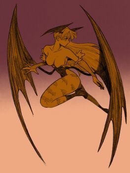 1girl animal_print bare_shoulders bat_print black_boots black_leotard blunt_bangs boots breasts bridal_gauntlets cleavage darkstalkers demon_girl demon_wings feather_trim flying head_wings high_heel_boots high_heels highleg highleg_leotard highres hoodratt20xx leotard long_hair medium_breasts morrigan_aensland pantyhose print_pantyhose purple_background solo strapless strapless_leotard wings