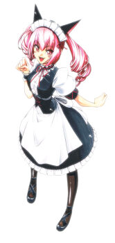 1girl akiha_rumiho animal_ear_hairband animal_ears apron back_bow belt_around_waist belt_buckle black_skirt bow buckle buttons cat_ears collar commentary_request dress drill_hair eibon fake_animal_ears frilled_collar frilled_dress frilled_hairband frilled_skirt frills full_body hair_between_eyes hairband highres long_hair long_skirt looking_at_viewer maid maid_apron maid_headdress mary_janes mayqueen_maid_uniform open_mouth pantyhose paw_pose pink_eyes pink_hair pink_lips puffy_short_sleeves puffy_sleeves red_ribbon ribbon ribbon-trimmed_collar ribbon-trimmed_corset ribbon-trimmed_hairband ribbon-trimmed_sleeves ribbon_trim science_adventure shoes short_sleeves simple_background skirt smile solo steins;gate tsurime twin_drills twintails white_apron white_background white_bow white_dress wrist_cuffs
