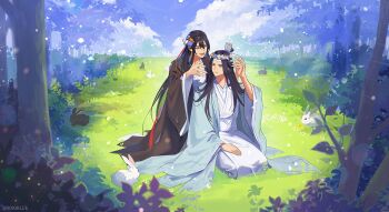 2boys 8083_blue black_hair black_rabbit_(animal) chinese_clothes commentary_request forest full_body grass hanfu head_wreath kneeling lan_wangji long_hair long_sleeves male_focus modao_zushi multiple_boys nature open_mouth outdoors sitting very_long_hair wei_wuxian white_rabbit_(animal) wide_sleeves