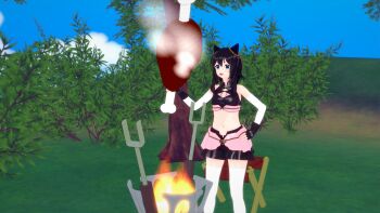 1girl 3d :d animal_ears bare_shoulders black_gloves black_hair black_shorts blue_eyes blue_sky bone boned_meat branch breasts cat_ears cat_girl clear_sky cooking feet_out_of_frame fingerless_gloves fire food fran_(tensei_shitara_ken_deshita) gloves hair_between_eyes hand_on_own_hip hand_up highres holding holding_bone holding_food kirbro leaf looking_away meat medium_hair midriff navel open_mouth outdoors shorts sky small_breasts smile solo standing steam stomach teeth tensei_shitara_ken_deshita thighhighs tongue tree upper_teeth_only v-shaped_eyebrows white_thighhighs