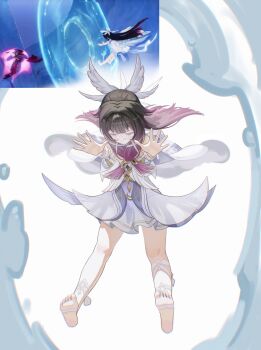 1girl barefoot big_itachi black_hair closed_eyes closed_mouth columbina_(genshin_impact) dress eye_mask genshin_impact hair_ornament head_wings highres long_hair mask multicolored_hair multiple_wings pink_hair reference_inset rerir_(genshin_impact) scene_reference screenshot_inset streaked_hair two-tone_hair very_long_hair white_dress white_mask white_wings wings x-shaped_eyewear