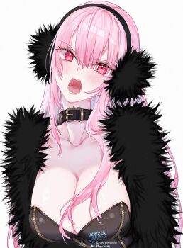 1girl alternate_costume black_choker blush breasts buckle choker cleavage coat collarbone earmuffs fur_coat highres hololive hololive_english kamiya_maneki large_breasts long_hair looking_at_viewer mori_calliope open_mouth pink_eyes pink_hair red_eyes signature simple_background solo twitter_username upper_body virtual_youtuber white_background zipper