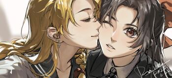 2girls absurdres aihara-rina alternate_costume black_jacket black_sailor_collar blonde_hair braid brown_hair chinese_commentary closed_eyes collared_shirt commentary_request contemporary dated earrings hakurei_reimu highres jacket jewelry kirisame_marisa kiss kissing_cheek long_hair looking_at_viewer multiple_girls one_eye_closed parted_lips portrait red_eyes sailor_collar school_uniform shirt signature single_braid star_(symbol) star_earrings touhou white_shirt yuri