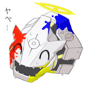 :d ^_^ binah_(blue_archive) blue_archive closed_eyes commentary_request facing_viewer halo miranofuudoria no_humans open_mouth paint_splatter robot sharp_teeth simple_background smile sweat teeth translation_request white_background