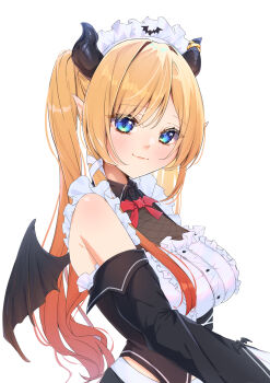 1girl absurdres bare_shoulders black_sleeves black_vest blonde_hair blue_eyes breasts cropped_vest demon_girl demon_horns demon_wings detached_sleeves hashtag-only_commentary highres hololive horns large_breasts long_hair maid_headdress official_alternate_costume pointy_ears solo starfield0613 twintails upper_body vest virtual_youtuber wings yuzuki_choco yuzuki_choco_(maid)