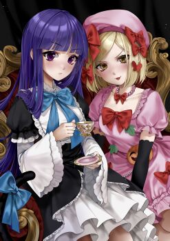 2girls :p absurdres black_dress blonde_hair blue_bow blush bow closed_mouth cup dakemichan dress frederica_bernkastel hat highres holding holding_cup holding_plate lambdadelta long_hair looking_at_viewer multiple_girls pink_dress pink_eyes pink_hat plate purple_hair red_bow sitting sitting_on_throne teacup tongue tongue_out umineko_no_naku_koro_ni yellow_eyes