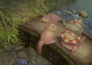 absurdres black_eyes bridge day fangs gen_1_pokemon gen_2_pokemon highres king_joe_(neoroto) leaf looking_back nintendo no_humans outdoors pokemon pokemon_(creature) pokemon_focus reflection ripples river shellder slowking slowpoke water