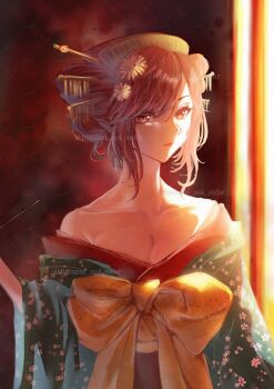 1girl alternate_costume bare_shoulders breasts collarbone drill_hair floral_print floral_print_kimono flower green_kimono hair_flower hair_ornament hair_stick hatsumi_aoi highres indoors japanese_clothes kasane_teto kimono lips looking_at_viewer medium_breasts medium_hair obi off_shoulder parted_bangs parted_lips print_kimono red_kimono sash solo twin_drills utau yellow_flower yellow_sash yoshiwara_lament_(utau)