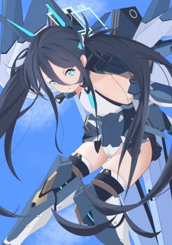 >:( 1girl absurdres aqua_halo aris_(armed)_(blue_archive) aris_(blue_archive) bare_shoulders black_hair black_thighhighs blue_archive blue_eyes blue_leotard blue_sky bright_pupils chanshiyu closed_mouth commentary_request day double-parted_bangs feet_out_of_frame floating_hair hair_between_eyes halo heart heart_print highres leaning_forward leotard long_hair long_hair_between_eyes looking_at_viewer mechanical_arms mechanical_legs mechanical_wings multicolored_leotard official_alternate_costume official_alternate_hairstyle outdoors print_thighhighs rectangular_halo serious sidelocks sky solo tareme thighhighs thighs twintails two-tone_leotard v-shaped_eyebrows very_long_hair white_leotard white_pupils wings