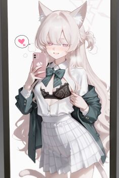 1girl absurdres akira_(blue_archive) animal_ears blue_archive blush bra breasts commentary fox_ears halo heart highres jacket looking_at_viewer mellow_(srpp4843) open_clothes open_jacket phone school_uniform skirt smile symbol-only_commentary underwear