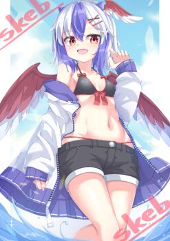 1girl alternate_costume bikini bikini_top_only bird_wings black_bikini black_shorts blue_sky breasts cloud commentary_request commission day fang feathered_wings grey_hair head_wings horns jacket multicolored_hair navel open_clothes open_jacket open_mouth purple_hair purple_horns red_eyes red_wings shorts single_head_wing skeb_commission skin_fang sky small_breasts smile solo stomach swimsuit tokiko_(touhou) touhou two-tone_hair uumaru wading water white_jacket wings