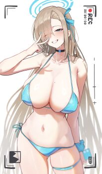 1girl absurdres asuna_(blue_archive) bare_shoulders bikini blonde_hair blue_archive blue_bikini blue_eyes blue_halo blush breasts choker cleavage collarbone commentary gluteal_fold grin groin hair_over_one_eye halo highres holding holding_phone large_breasts long_hair looking_at_viewer mole mole_on_breast navel one_eye_closed phone schoppi_0731 scrunchie side-tie_bikini_bottom smile solo swimsuit thigh_strap thighs v very_long_hair wrist_scrunchie