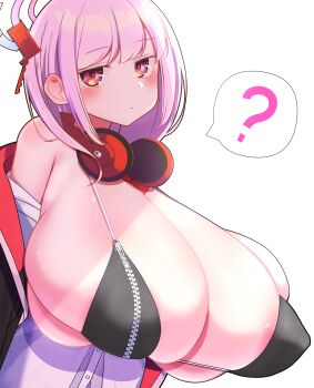 1girl ? areola_slip blue_archive breasts bursting_breasts dot_nose eimi_(blue_archive) eimi_(swimsuit)_(blue_archive) female_focus half-closed_eyes headphones huge_breasts kuyu730 looking_at_viewer pale_skin pink_eyes pink_hair red_headset shiny_skin short_hair solo