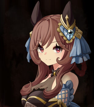 Rule 34 | 1girl, animal ears, bare shoulders, black background, black dress, braid, braided hair rings, breasts, brown hair, cleavage, closed mouth, detached sleeves, dress, ear covers, ear ornament, earrings, fine art parody, gem, gentildonna (regina dei fiori) (umamusume), gentildonna (umamusume), girl with a pearl earring, hair between eyes, hair ornament, hair rings, heart-shaped ornament, heart ear ornament, horse ears, horse girl, jewelry, large breasts, long hair, looking at viewer, nieto tokage, parody, pearl (gemstone), pearl earrings, red eyes, see-through cleavage, see-through clothes, simple background, smile, solo, umamusume, upper body