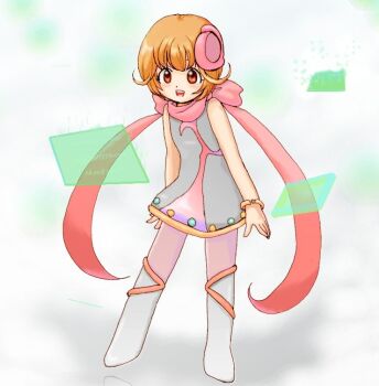 1girl bare_shoulders blonde_hair boots bracelet dress female_focus floating_screen hair_ornament jewelry kumin_(ren2525) open_mouth orange_eyes original pantyhose personification pixa ribbon scarf short_hair solo tears