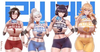 4girls absurdres aestheticc-meme ahoge alternate_breast_size_(larger) animal_ears bare_shoulders blake_belladonna blonde_hair blue_eyes breasts cat_ears cleavage english_text gradient_hair grey_eyes grin high_ponytail highres huge_filesize large_breasts long_hair looking_at_viewer midriff multicolored_hair multiple_girls open_mouth ponytail purple_eyes red_hair ribbon ruby_rose rwby shirt short_hair short_sleeves shorts side_ponytail simple_background sleeveless sleeveless_shirt smile sports_bra two-tone_hair vambraces wavy_hair weiss_schnee white_hair yang_xiao_long yellow_eyes yellow_shirt