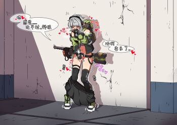 anby_demara backpack bag bare_shoulders belt black_gloves black_jacket black_thighhighs brown_eyes detached_sleeves female_masturbation fingerless_gloves gloves grey_hair headphones highres jacket masturbation midriff_peek navel nomad_(nzdz2788) outdoors pleated_skirt sheath shoes short_hair skindentation skirt sneakers solo speech_bubble standing stomach sweatdrop thighhighs thighs translation_request unworn_skirt zenless_zone_zero zettai_ryouiki