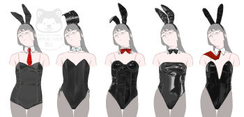 absurdres animal_ear_hairband animal_ears black_bow black_bowtie black_hair black_leotard black_pantyhose bow bowtie closed_eyes cowboy_shot detached_collar fake_animal_ears hairband highres kantai_collection leotard long_hair necktie ojipon ooyodo_(kancolle) pantyhose playboy_bunny rabbit_ears red_bow red_bowtie red_necktie see-through_strap simple_background strapless strapless_leotard variations watermark white_background