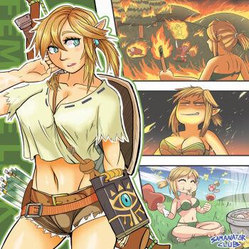1girl :i barefoot belt bikini boar boned_meat bow_(weapon) breasts bright_pupils burning cleavage closed_eyes eating evil_smile fire food forest genderswap genderswap_(mtf) goblin grass large_breasts leaf_bikini link master_sword meat medium_breasts midriff multiple_views nature navel nintendo parted_lips pointy_ears puffy_cheeks quiver running samanator_club shirt short_shorts shorts sitting smile the_legend_of_zelda the_legend_of_zelda:_breath_of_the_wild torch weapon