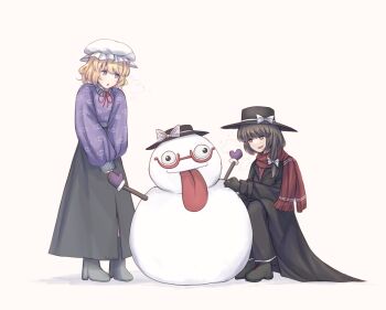 Rule 34 | 2girls, :o, alternate costume, black boots, black coat, black gloves, black hat, black pants, black skirt, blonde hair, boots, bow, breath, brown eyes, brown hair, character snowman, coat, commentary, english commentary, full body, glasses, gloves, grey boots, hair bow, hat, hat bow, high-waist skirt, highres, maribel hearn, medium hair, mob cap, multiple girls, neck ribbon, necktie, open mouth, pants, purple gloves, purple sweater, red-framed eyewear, red necktie, red ribbon, red scarf, ribbon, scarf, signature, simple background, skirt, snowman, squatting, standing, sweater, there2007, tongue, tongue out, touhou, trench coat, usami renko, usami sumireko, usami sumireko (ghost), white background, white bow, white hat, yellow eyes