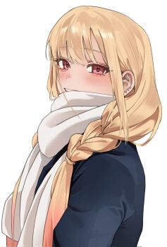 1girl alternate_hairstyle barbell_piercing black_jacket blonde_hair blush braid commentary ear_piercing from_side highres jacket kitagawa_marin long_hair looking_at_viewer o0hiruko0o piercing pink_eyes scarf simple_background solo sono_bisque_doll_wa_koi_wo_suru twin_braids upper_body white_background white_scarf