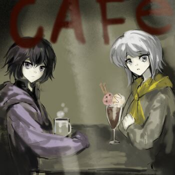 2others adapted_costume androgynous arm_on_table arms_on_table ascot black_hair black_shirt booth_seating brown_background brown_sweater cafe chinese_commentary cinnamon_stick closed_mouth collared_shirt commentary commentary_request cup detached_hood english_commentary expressionless food glass grey_eyes grey_hair hair_between_eyes high_collar highres hood hood_down hooded_jacket houlen_yabusame ice_cream indoors jacket len&#039;en light_frown long_sleeves looking_at_viewer mixed-language_commentary mug multiple_others open_clothes open_jacket open_mouth other_focus purple_eyes purple_jacket scarf shirt shitodo_kuroji short_hair sidelocks sitting steam sundae sweater upper_body window yancao_(pixiv_103434280) yellow_ascot yellow_scarf