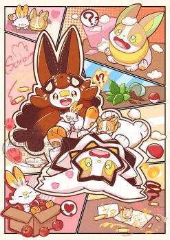 Rule 34 | ?, animal ears, apple, bandaid, box, buck teeth, cardboard box, commentary request, cosplay, crayon, dog, eating, food, fruit, gen 8 pokemon, gokuaku rabbit, green eyes, heart, highres, nintendo, open mouth, plant, poke ball, pokemon, pokemon (creature), pokemon swsh, potted plant, rabbit, rabbit ears, scorbunny, smile, teeth, thievul, thievul (cosplay), yamper