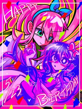 Rule 34 | 2girls, blue eyes, blue hairband, blush stickers, bow, closed mouth, dual persona, hair bow, hairband, haiyang shengwu, happy birthday, highres, holding, holding stuffed toy, jacket, long hair, looking at another, mr. plantegg (omori), multiple girls, omori, parted lips, pink bow, pink hair, purple eyes, purple hair, stuffed eggplant, stuffed toy, twitter username, white jacket