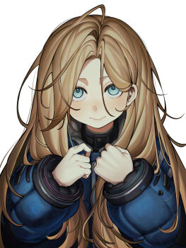1girl absurdres aqua_eyes blonde_hair blue_coat blush closed_mouth coat commentary diana_(pragmata) dyga2tu4 hands_up highres long_hair long_sleeves looking_at_viewer padded_coat pragmata puffy_long_sleeves puffy_sleeves simple_background sleeves_past_wrists solo upper_body white_background