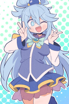 1girl ahoge aqua_(konosuba) arms_up blue_background blue_bow blue_bowtie blue_eyes blue_hair blue_shirt blue_shoes blue_skirt blush bow bowtie breasts bright_pupils brooch check_clothing check_hairstyle clothing_request collar commentary_request cowboy_shot double-parted_bangs double_w gold_trim green_background hair_between_eyes hair_bun hair_ornament halftone halftone_background highres jewelry juliet_sleeves kono_subarashii_sekai_ni_shukufuku_wo! kurachi_mizuki layered_skirt leg_up long_hair long_sleeves medium_breasts one_eye_closed open_mouth partial_commentary pleated_skirt puffy_sleeves purple_collar purple_skirt see-through_clothes see-through_skirt shirt shoes skirt smile solo v-shaped_eyebrows w white_background white_pupils white_sleeves white_trim