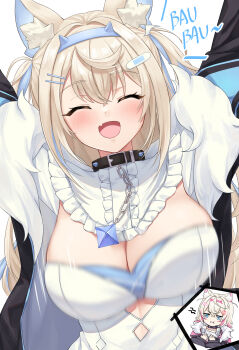 2girls :d absurdres animal_ears arms_up bandaid bandaid_hair_ornament bib_collar black_jacket blonde_hair blue_hair blue_hairband blush bouncing_breasts breast_envy breasts center_frills cleavage cleavage_cutout closed_eyes clothing_cutout commentary_request cutout_above_navel detached_collar dog_ears double-parted_bangs dress fake_horns fang frilled_shirt_collar frills fur-trimmed_jacket fur_trim fuwawa_abyssgard fuwawa_abyssgard_(1st_costume) hair_between_eyes hair_ornament hairband hairclip highres hololive hololive_english horn_hairband jacket large_breasts leeshin0919 long_hair long_sleeves mococo_abyssgard motion_blur multicolored_hair multiple_girls open_mouth siblings sisters skin_fang smile solo_focus streaked_hair twins two_side_up unaligned_breasts upper_body virtual_youtuber white_dress