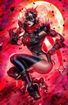 1girl ariel_diaz armor bandaged_head bandages black_leotard black_sclera breasts colored_sclera fantastic_four gloves grey_hair highleg highleg_leotard highres leotard looking_at_viewer malice_(sue_storm) marvel marvel_rivals moon red_eyes red_scarf scarf shoulder_spikes solo spiked_armor spiked_helmet spikes sue_storm thong_leotard