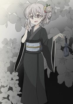 1girl alternate_hairstyle dot_nose feet_out_of_frame female_focus grey_eyes grey_hair hair_between_eyes holding japanese_clothes kimono koisuru_asteroid long_sleeves looking_at_viewer mole mole_under_eye morino_mari open_mouth qb_(qb46311027) solo standing