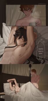 1185tsknjer 2boys bed blush canopy_bed coffee_mug cup genshin_impact highres implied_sex mug multiple_boys nipples sleeping steam tartaglia_(genshin_impact) twitter yaoi zhongli_(genshin_impact) zzz