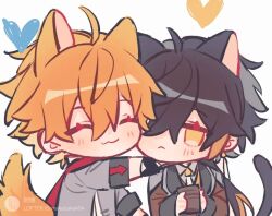 2boys animal_ears cat_boy cat_ears cat_tail chibi cup dimples fox_ears fox_tail genshin_impact holding_cup hug lofter lofter_logo makabaka404 multiple_boys tail tartaglia_(genshin_impact) teacup zhongli_(genshin_impact)