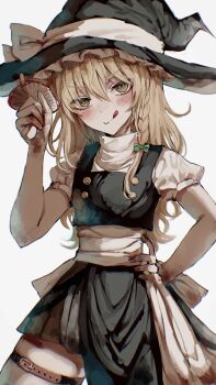1girl :q black_dress black_hat black_vest blonde_hair blue_bow blush bow braid closed_mouth commentary cowboy_shot dress fly_agaric frilled_hat frills hair_between_eyes hair_bow hand_on_own_hip hat hat_bow highres holding holding_mushroom kirisame_marisa long_hair looking_at_viewer mushroom puffy_short_sleeves puffy_sleeves rin_(rin7kan7) shirt short_sleeves simple_background single_braid smile solo thigh_strap thighs tongue tongue_out touhou turtleneck v-shaped_eyebrows vest white_bow white_shirt witch_hat yellow_eyes