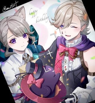 Rule 34 | 1boy, 1girl, ;d, animal ear fluff, animal ears, aqua bow, aqua bowtie, aqua streaks, artist name, balloon, birthday, black capelet, black corset, black gloves, black hat, blonde hair, blunt bangs, blush, bow, bowtie, braid, brother and sister, brown bow, brown bowtie, buttons, capelet, cat ears, center frills, closed mouth, commentary, confetti, corset, detached sleeves, english commentary, eyelashes, facial mark, frilled shirt collar, frills, genshin impact, gloves, grey hair, hair between eyes, hair bow, happy birthday, hat, highres, holding, holding unworn clothes, holding unworn hat, huge bow, juliet sleeves, kuromuru, long sleeves, looking at viewer, lynette (genshin impact), lyney (genshin impact), multicolored gloves, multicolored hair, one eye closed, open mouth, parted bangs, puffy sleeves, purple eyes, red bow, red bowtie, red streaks, rosseland (genshin impact), shirt, short hair, shrug (clothing), siblings, sidelocks, sleeveless, sleeveless shirt, smile, star (symbol), star facial mark, streaked hair, swept bangs, teardrop facial mark, top hat, twins, twitter username, two-tone gloves, unworn hat, unworn headwear, viewfinder, white gloves, white shirt, white shrug, white sleeves, wing collar