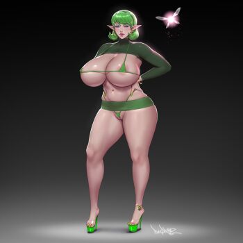 Rule 34 | areola slip, braid, breasts, cutoffs, green hair, high heels, huge breasts, large breasts, mature female, midriff, miniskirt, nail polish, nintendo, pinkdrawz, saria (zelda), seductive gaze, short hair, skirt, thick thighs, thighs
