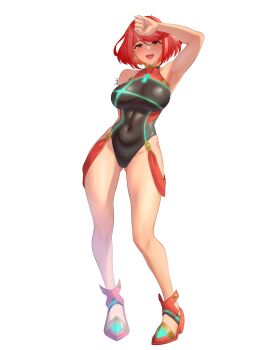 1girl :d absurdres aqua_gemstone arm_up armpits bare_shoulders black_one-piece_swimsuit breasts chest_jewel commentary competition_swimsuit core_crystal_(xenoblade) covered_navel earrings full_body gem headpiece highres ibouki jewelry large_breasts legs looking_at_viewer no_socks official_alternate_costume one-piece_swimsuit open_mouth pinstripe_one-piece_swimsuit pyra_(pro_swimmer)_(xenoblade) pyra_(xenoblade) red_eyes red_hair red_one-piece_swimsuit red_shoes ribbed_swimsuit shoes short_hair smile solo standing strapless strapless_one-piece_swimsuit striped_clothes striped_one-piece_swimsuit swept_bangs swimsuit tiara two-tone_swimsuit vertical-striped_clothes vertical-striped_one-piece_swimsuit xenoblade_chronicles_(series) xenoblade_chronicles_2