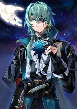 Rule 34 | 1boy, anaxa (honkai: star rail), aqua eyes, aqua hair, black corset, black jacket, chain, corset, earrings, eyepatch, gem, hair between eyes, hair intakes, hand up, highres, honkai: star rail, honkai (series), jacket, jewelry, lapels, male focus, mandarin collar, medium hair, night, night sky, notched lapels, one eye covered, outdoors, pink pupils, red gemstone, shirt, side ponytail, single earring, sky, smirk, solo focus, ssamsa0404, teeth, white shirt