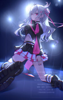 1girl arm_up black_boots black_choker black_crown black_leotard black_shrug black_skirt boots breasts choker commentary_request crown from_behind grey_hair hair_ribbon highres hololive hololive_dev_is isaki_riona isaki_riona_(flowglow_uniform) juliet_sleeves kneehighs kneeling layered_skirt leotard leotard_under_clothes long_hair long_sleeves looking_at_viewer medium_breasts mini_crown miniskirt over-kneehighs parted_lips pleated_skirt puffy_sleeves red_eyes ribbon shoe_soles shrug_(clothing) single_over-kneehigh single_sock single_thighhigh skirt socks solo striped_clothes striped_socks thigh_strap thighhighs tilted_headwear two_side_up virtual_youtuber xyunx