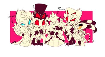 1girl 4boys andrealphus_(helluva_boss) bird_boy bird_girl blitzo_(helluva_boss) blue_eyes demon_boy demon_girl demon_horns extra_eyes furry furry_female furry_male hellaverse helluva_boss highres horns multiple_boys red_eyes spot_color stella_(helluva_boss) stolas_(helluva_boss) zhu_xing_pupupu