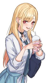 1girl black_bag black_choker blonde_hair blush choker collared_shirt cup disposable_cup ear_piercing earrings highres holding holding_cup jewelry kitagawa_marin looking_at_viewer necktie open_mouth piercing red_eyes ringozeri shirt simple_background skirt solo sono_bisque_doll_wa_koi_wo_suru teeth white_background white_shirt