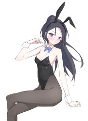 Rule 34 | 1girl, animal ear hairband, animal ears, armpit crease, bare arms, bare shoulders, black hair, black leotard, black pantyhose, blush, bow, bowtie, breasts, cleavage, collarbone, commentary request, crossed legs, detached collar, dot nose, earpiece, fake animal ears, feet out of frame, hairband, hand up, head tilt, high ponytail, highleg, highleg leotard, highres, ive (stellive), leotard, light frown, long hair, looking at viewer, medium breasts, morphling (artist), nose blush, pantyhose, purple bow, purple bowtie, purple eyes, rabbit ear hairband, rabbit ears, simple background, sitting, solo, split mouth, stellive, strapless, strapless leotard, sweatdrop, thick eyelashes, turning head, white background, white wrist cuffs, wrist cuffs