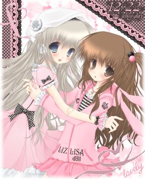 2000s_(style) 2girls artist_self-insert bead_necklace beads blue_eyes blurry_edges blush bow brown_eyes brown_hair commentary dated doll_joints dress english_commentary english_text grey_hair hair_bobbles hair_ornament heart_ribbon highres hood hooded_jacket hug ibispaint_(medium) jacket jewelry joints lace_background long_hair mole mole_under_eye multiple_girls necklace open_mouth original pale_skin pink_dress pink_skirt polka_dot polka_dot_background polka_dot_bow robot_ears shirt skirt striped_clothes striped_shirt sweetcinema very_long_hair white_headwear wrist_cuffs
