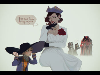 1boy 2others 4girls alcina_dimitrescu bela_dimitrescu black_hair blush cassandra_dimitrescu daniela_dimitrescu dress english_text grey_hair highres jewelry looking_at_another medium_hair multiple_girls multiple_others necklace pearl_necklace pooziqo-royal ramon_salazar resident_evil resident_evil_4 resident_evil_4_(remake) resident_evil_village
