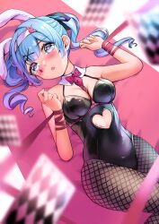 Rule 34 | 1girl, animal ears, bare shoulders, between breasts, black leotard, black pantyhose, blue eyes, blue hair, blush, bound, bound wrists, bow, bowtie, breasts, card, chest harness, clothing cutout, cutout above navel, detached collar, drill hair, embarrassed, fake animal ears, fishnet pantyhose, fishnets, hair ornament, hairband, hairclip, harness, hatsune miku, heart, heart-shaped pupils, heart cutout, highleg, highleg leotard, highres, leotard, long hair, lying, mia mikhail, official alternate costume, on back, open mouth, pantyhose, playboy bunny, playing card, rabbit ears, rabbit hole (vocaloid), red bow, red bowtie, spaghetti strap, symbol-shaped pupils, teardrop facial mark, twin drills, twintails, vocaloid, white hairband, x hair ornament